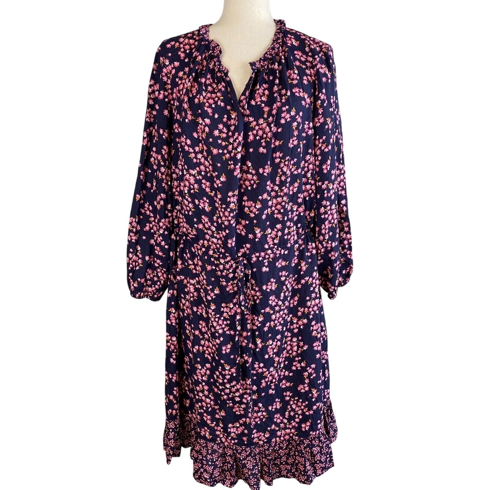 Draper James Women Dress 2X Plus Lucinda Popover Navy Cherry Blossom Long Sleeve